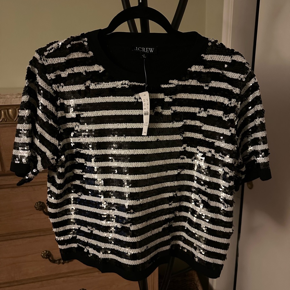 J.Crew Black and White Sequin-Embellished Top